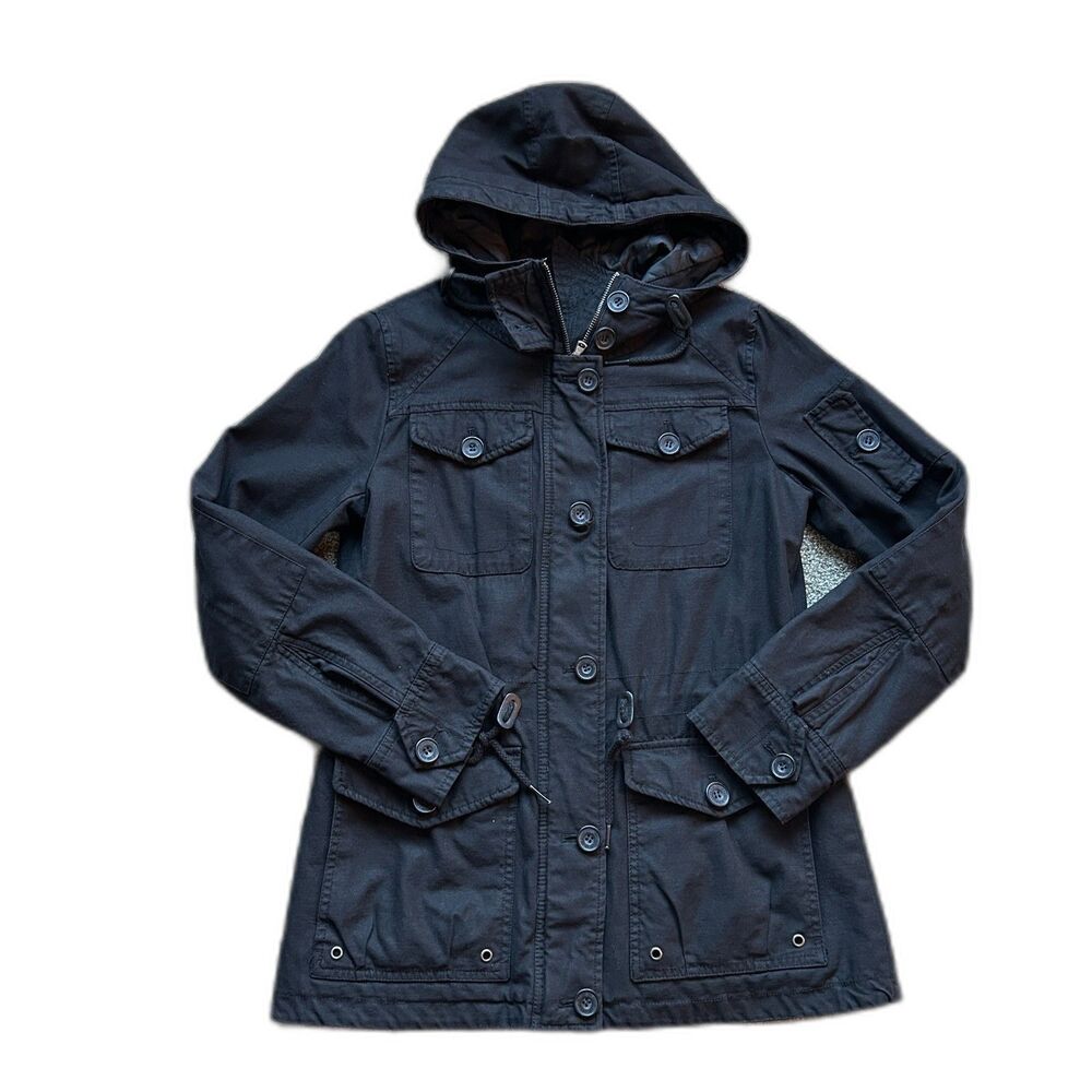 LEVIS WOMENS BLACK COTTON HOODED MILITARY FIELD JACKET FULL ZIP SZ SMALL PERFECT